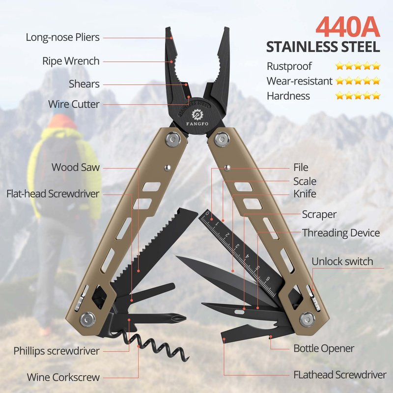 Multitool 17-in-1 Stainless Steel Multi Tool with Pocket Knife Needle Nose Pliers Bottle Opener Screwdriver Self-Locking Professional Multi-Tool for Outdoor Survival Gifts for Men(Brown)