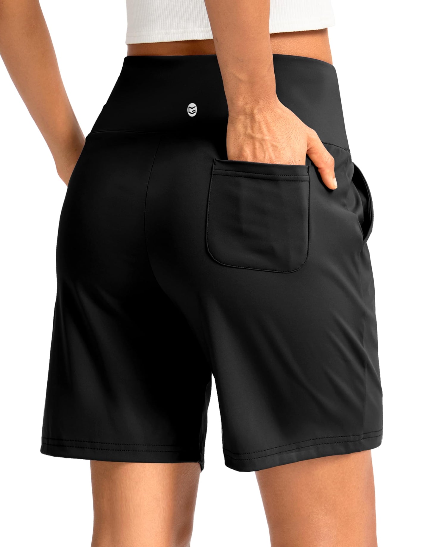 G Gradual Women's Bermuda Long Shorts with Pockets 7" High Waisted Knee Length Shorts for Women Walking Athletic Workout(Black-L7,L)