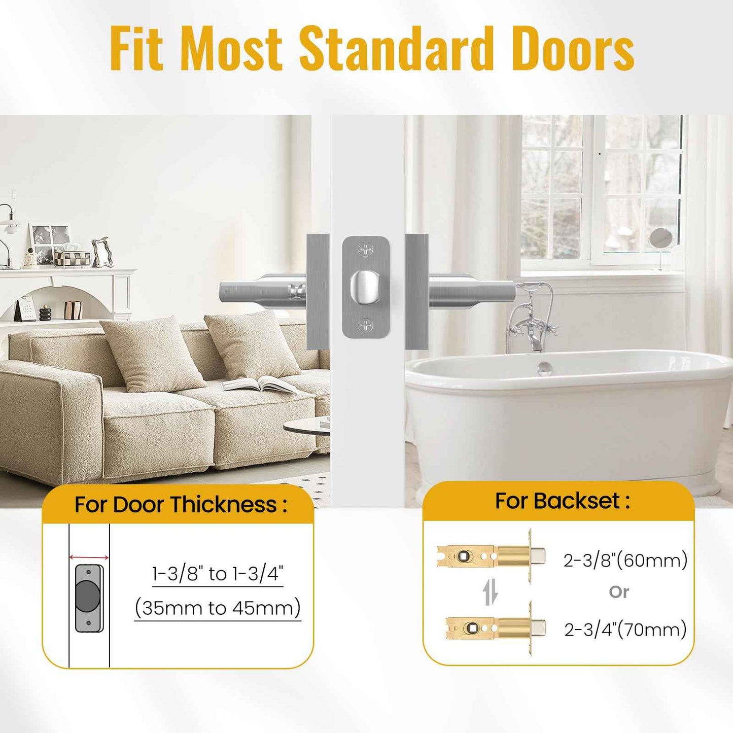 HOSOM Privacy Door Handles for Bedroom and Bathroom, Door Handle Interior Door Levers Keyless Reversible Square Door Locks, Satin Nickel, 1 Pack