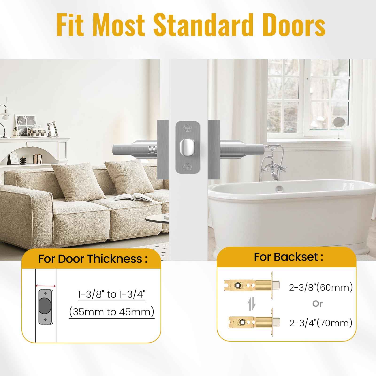 HOSOM Privacy Door Handles for Bedroom and Bathroom, Door Handle Interior Door Levers Keyless Reversible Square Door Locks, Satin Nickel, 1 Pack