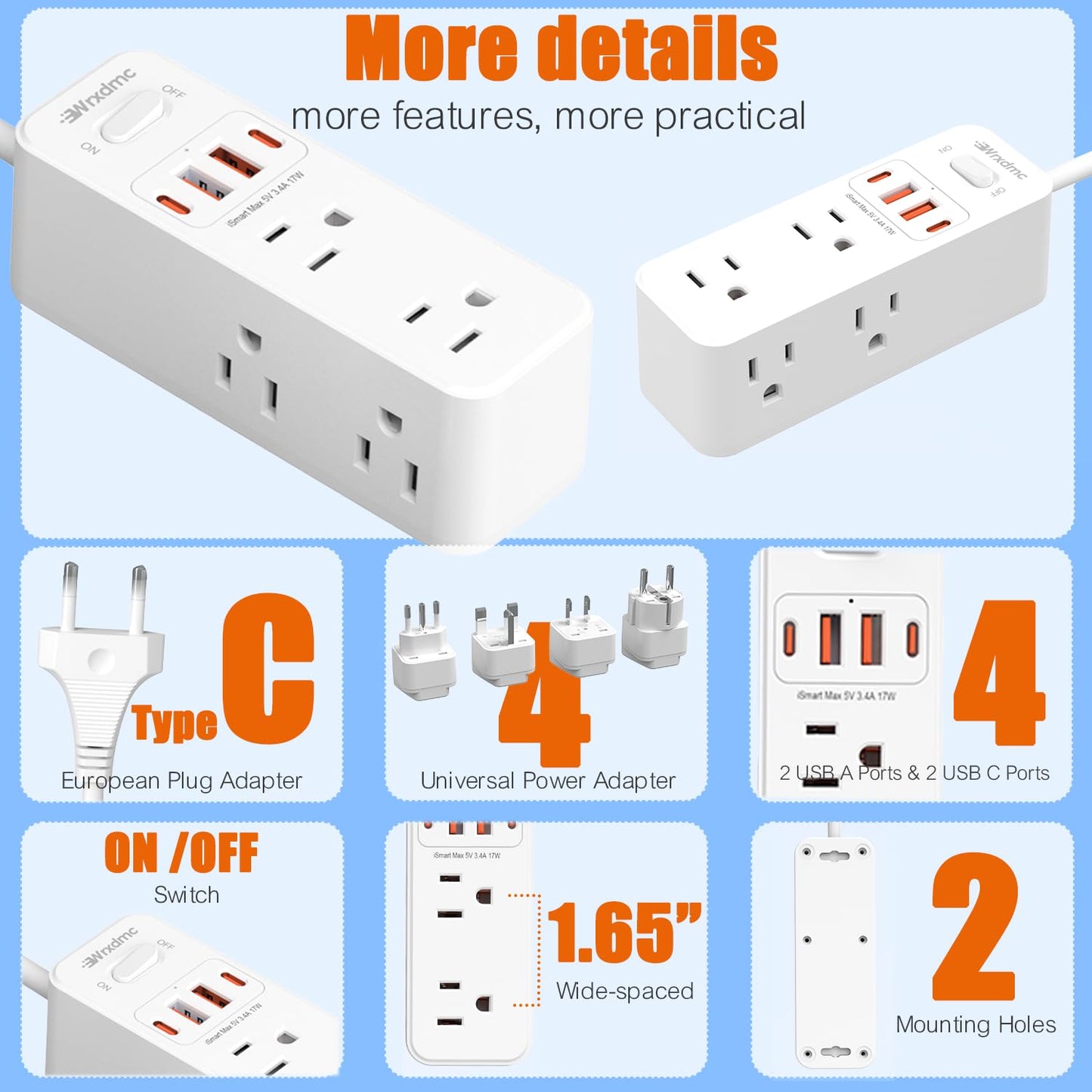 European Travel Plug Adapter, WRXDMC Universal Power Adapter for EU UK DE JP,6 AC Outlets, 4 USB Ports with 5ft Extension Cord, International Power Strip, Compact for Travel, Cruise Ship Must Have