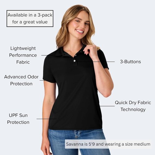 Hanes Women's Performance Polo - Moisture-Wicking Sport Shirt with 40+ UPF Protection | 3-Pack Available