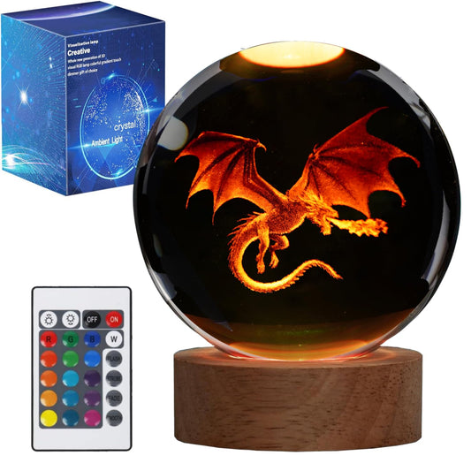 POSSHE Dragon Night Light, 3.15 Inch (80mm) K9 Crystal 3D Lamp with Remote 16 Color for Birthday Xmas Cool Figurines Dragon Gifts for Room Decor Boys Girls