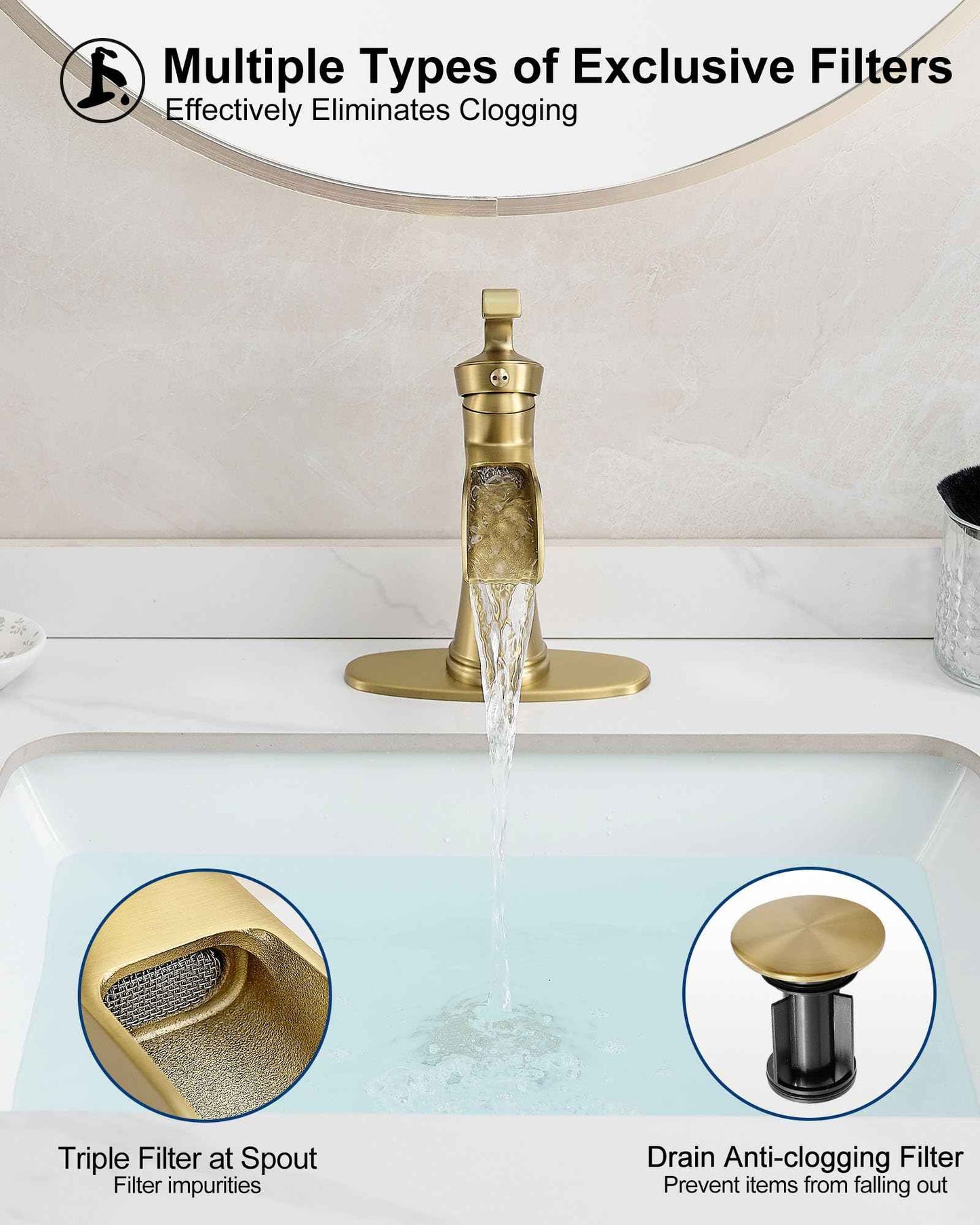 HEYMYTAP Brushed Gold Faucets for Bathroom Vanity Faucet 1 Hole, Brass 4 Inch Waterfall Bathroom Sink Faucet 3 Hole, Single Handle Bathroom Faucet with Deck Plate, Pop-up Drain and Supply Hoses