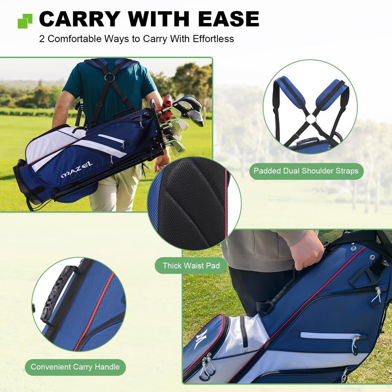 MAZEL 6-Way Golf Stand Bag for Men and Women, Lightweight Golf Bag with Stand,Dual Strap,Dust Cover (Blue)