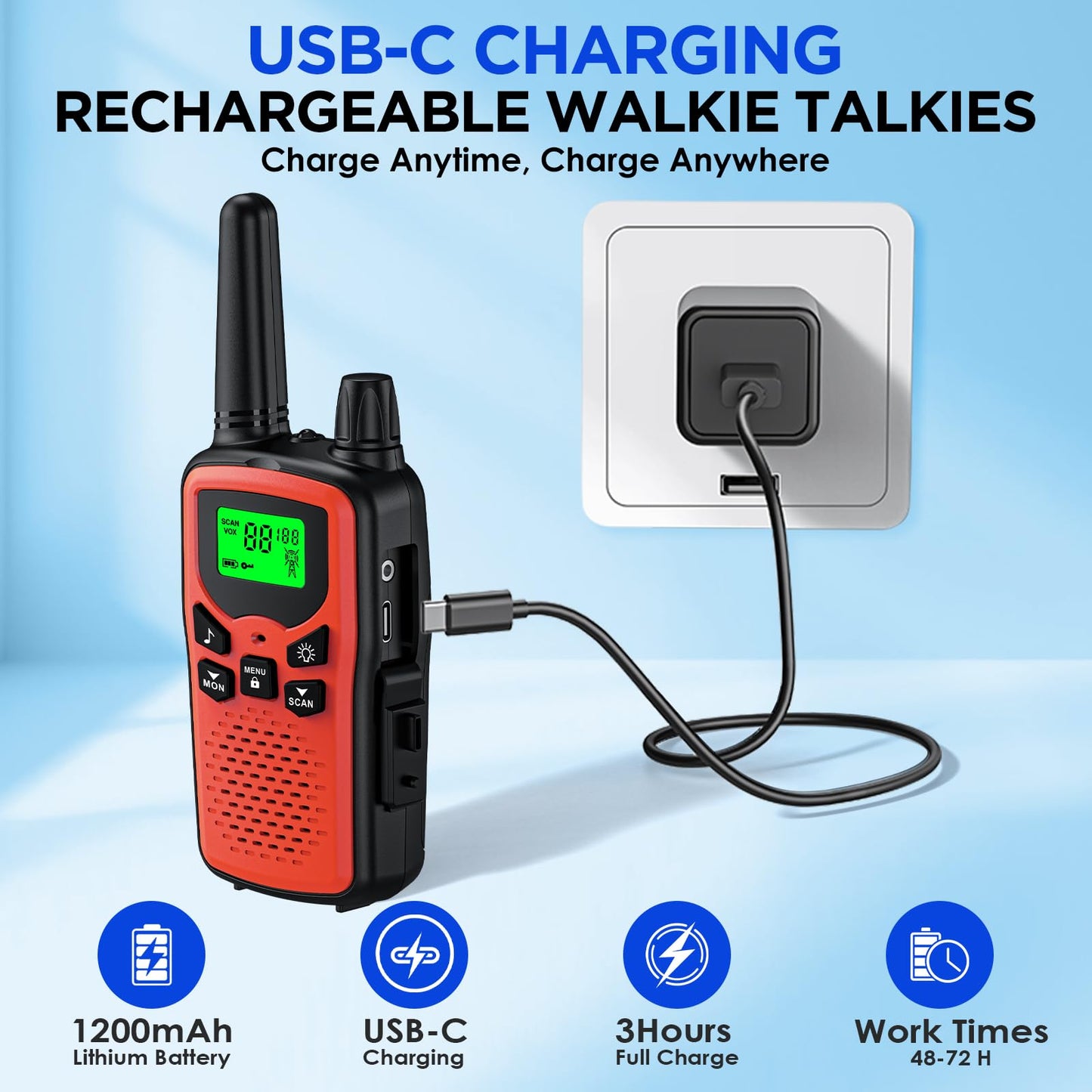 Walkie Talkies for Adults Long Range,Rechargeable Walkie Talkies with 22 FRS Channels,Two Way Radios with LED Flashlight for Hiking Cruises Camping,4 Pack