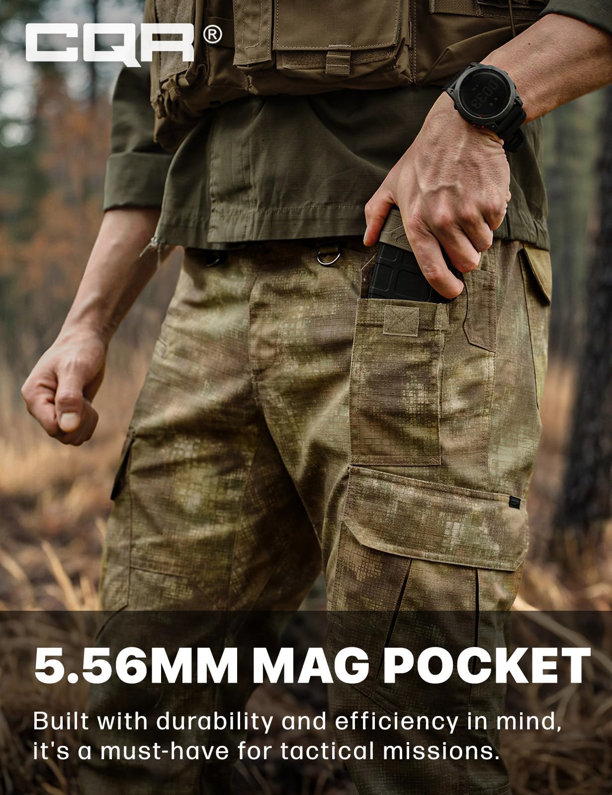 CQR Men's Tactical Pants, Water Resistant Ripstop Cargo Pants, Lightweight EDC Work Hiking Pants, Outdoor Apparel, Duratex Mag Pocket Print Fractal Camo, 38W x 34L