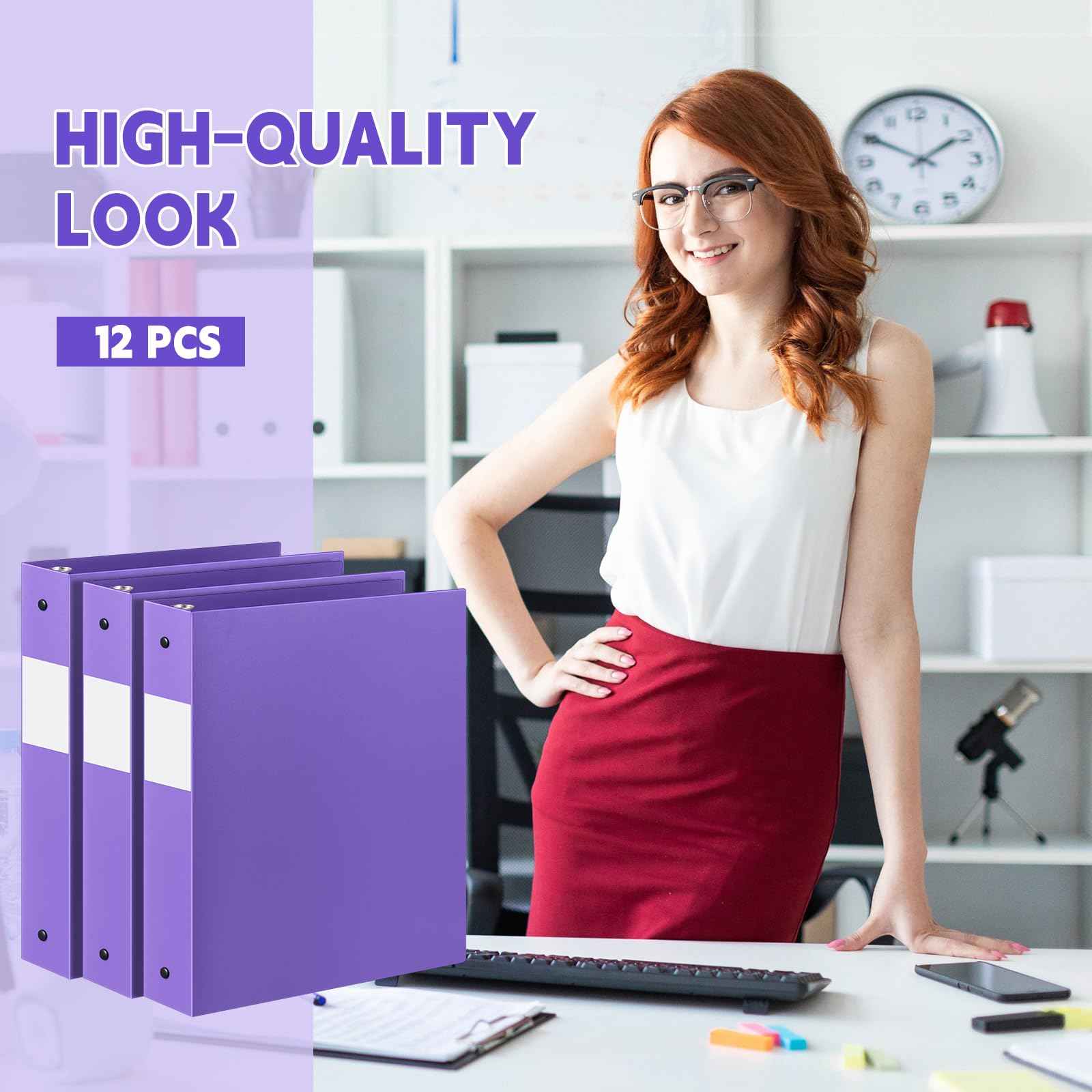 Henoyso 12 Pcs 3 Ring Binder 1.5 Inch Plastic Flexible Round Binder Fits Letter Size 8.5 x 11 Inch Paper Holds 300 Sheets with 1 Pockets for Office School (Purple)