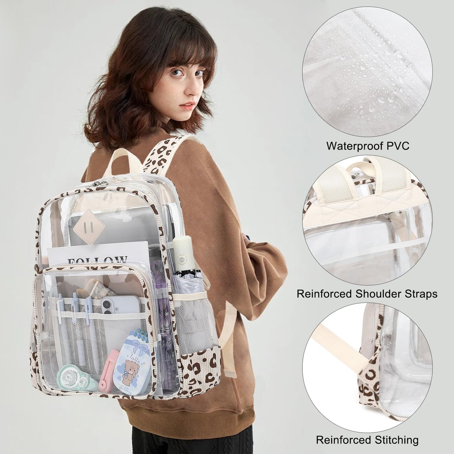 Xunteny Clear Backpack for Girls Women School Bookbag Heavy Duty Transparent Backpacks (Beige Corduroy Leopard)