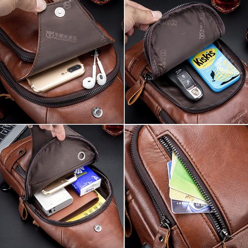 KPYWZER Genuine Leather Sling Backpack with USB Charging Port Chest Bag Outdoor Hiking Travel Daypack Brown