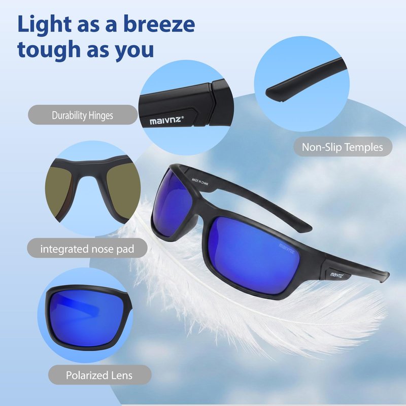 maivnz Floating Polarized Fishing Sunglasses for Men & Women - UV400 Blue Mirror Lens, Lightweight TPX Frame for Boating, Kayaking & Surfing (Black/Blue)