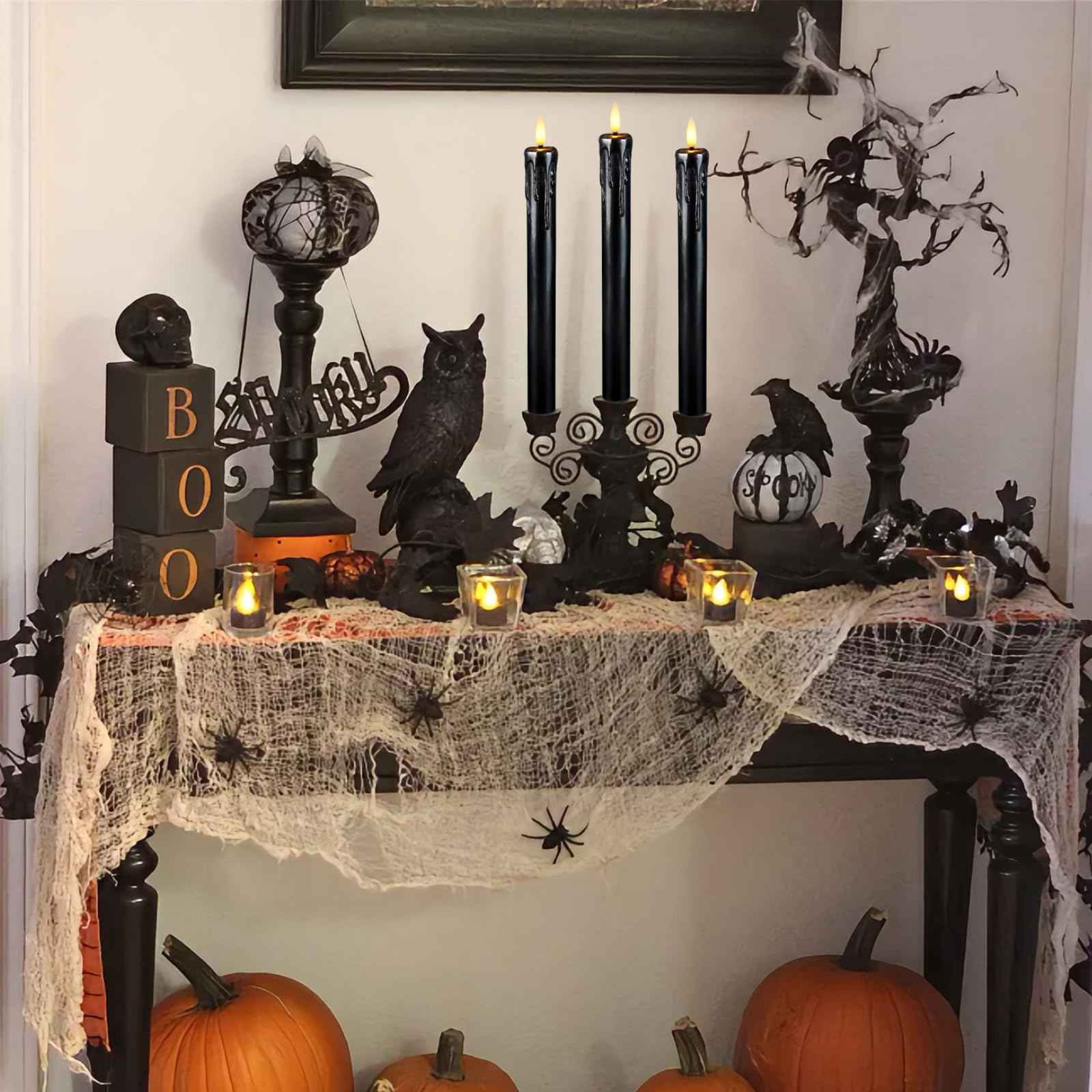 Lezonic Black Flameless Taper Candles Battery Operated with Remote, Long LED Candlesticks Flickering Real Wax Set of 6, 9.5 inch Battery Candles with Realistic 3D Flame for Halloween