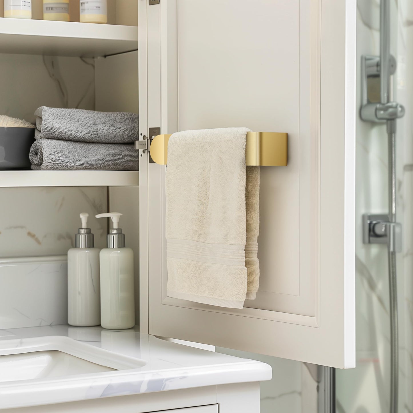 8 Inch Hand Towel Holder, Self Adhesive Towel Bar for Bathroom, Rustproof Aluminum U-Shape Towel Rack Stick on Wall, Brushed Gold