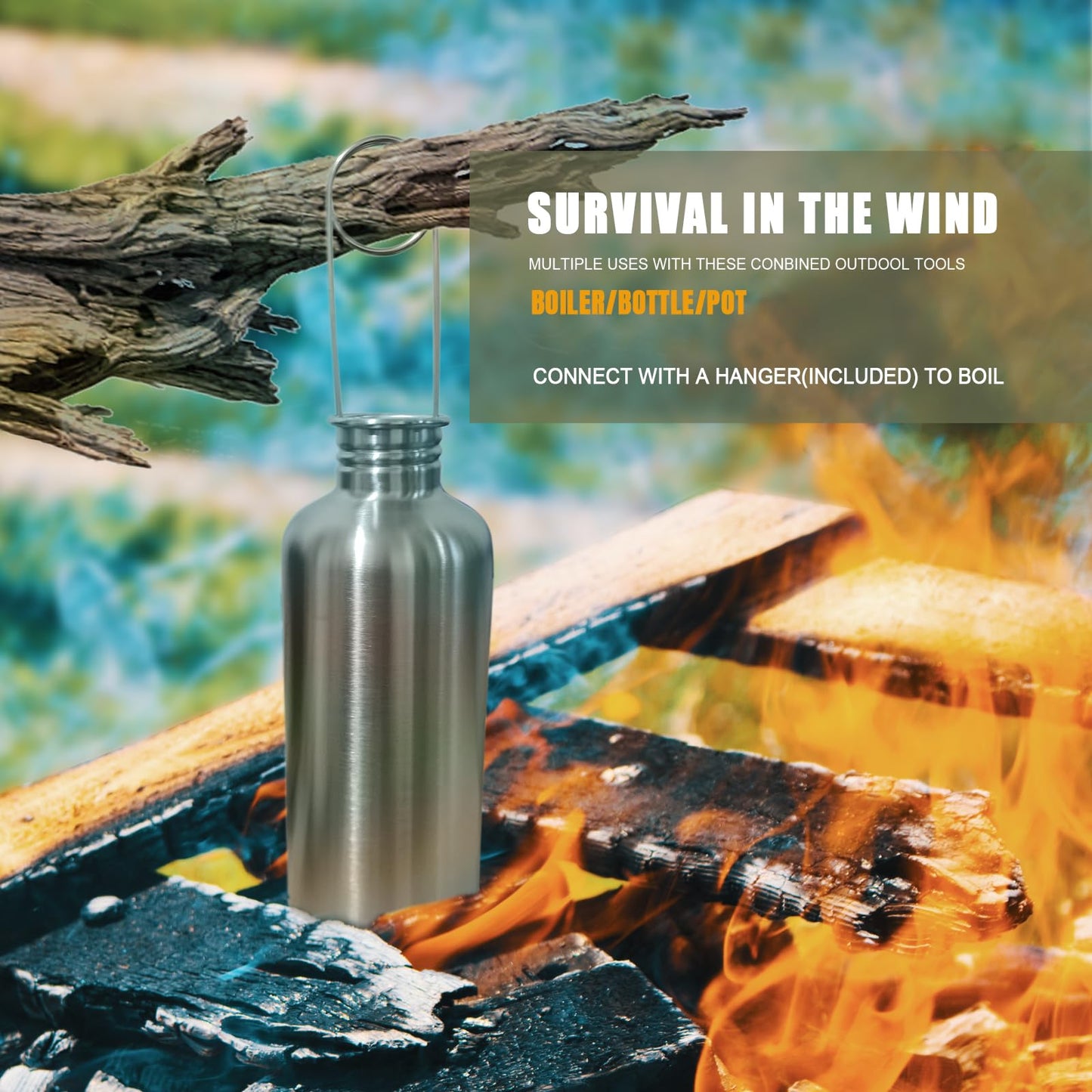 Dumatc Survivor 3-in-1 Outdoor Canteen - 42oz Single Wall Water Bottle with 24oz Nesting Camping Cup & Carrying Bag | 18/8 Stainless Steel | Wide Mouth Design | Outdoor Survival Bushcraft Gear
