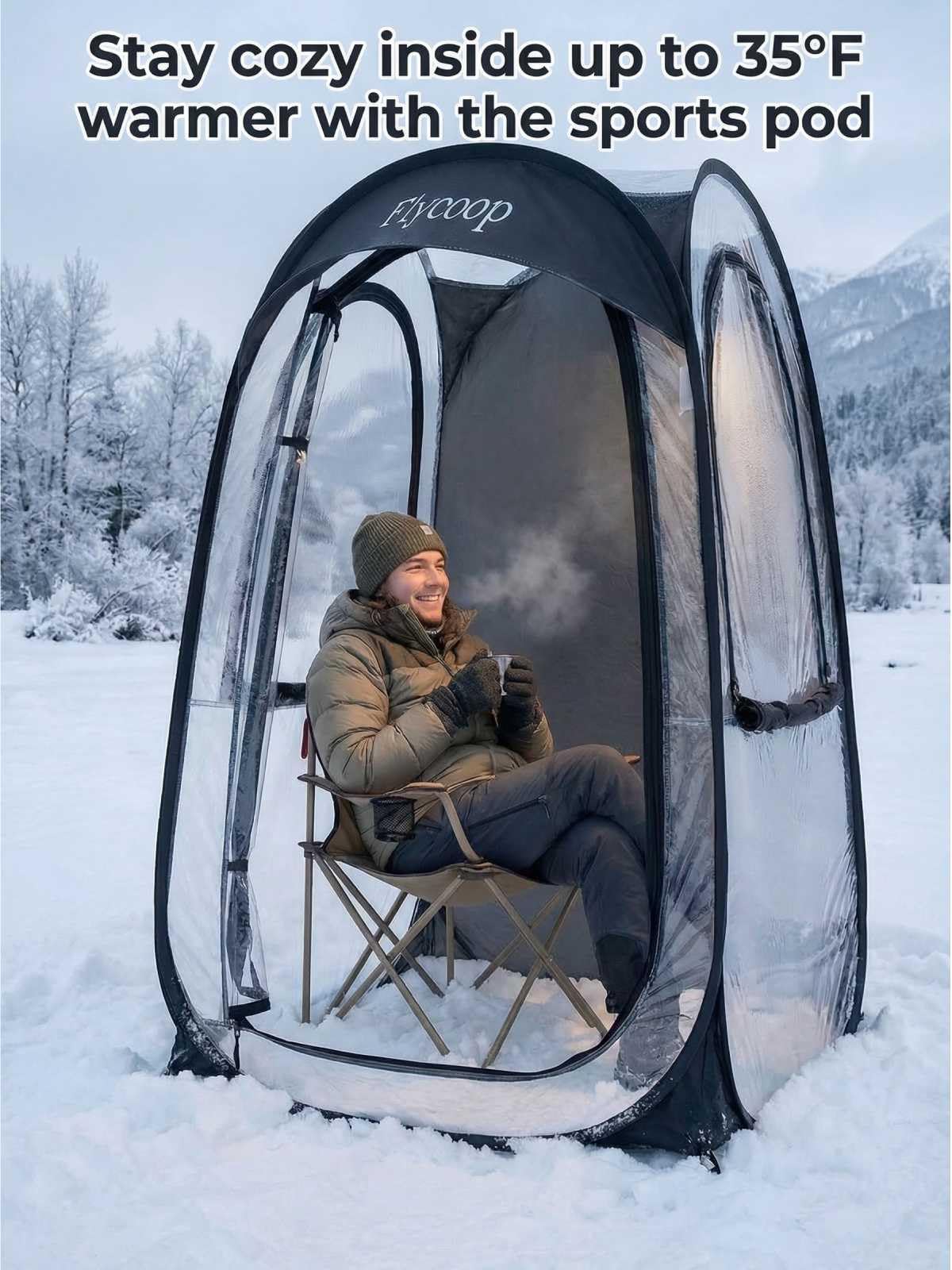 Sports Tent Pop Up Shelter: Flycoop 37" L x 37" W x 63" H Weather Sports Pod for 1 Person Shelter in Winter Portable Camping Tents Outdoor Cold Weather Screen Bubble House Pod Shade Tent (Black)
