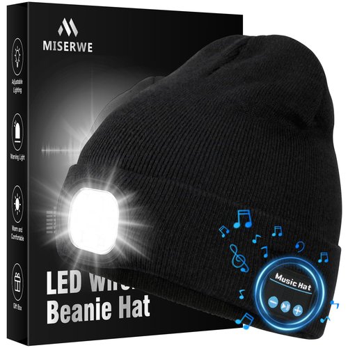 LED Beanie with Light, Unisex Rechargeable Flashlight Beanie Hat with Wireless Headphones, Unique Christmas Birthday Gifts for Men Women Black