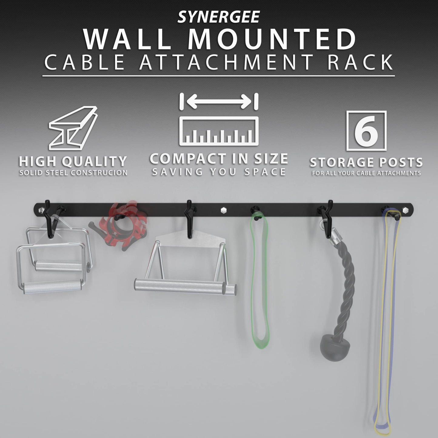 Synergee Cable Attachment Rack. Wall Mounted Storage Rack. Multi-Use Storage Posts for Exercise Attachments.