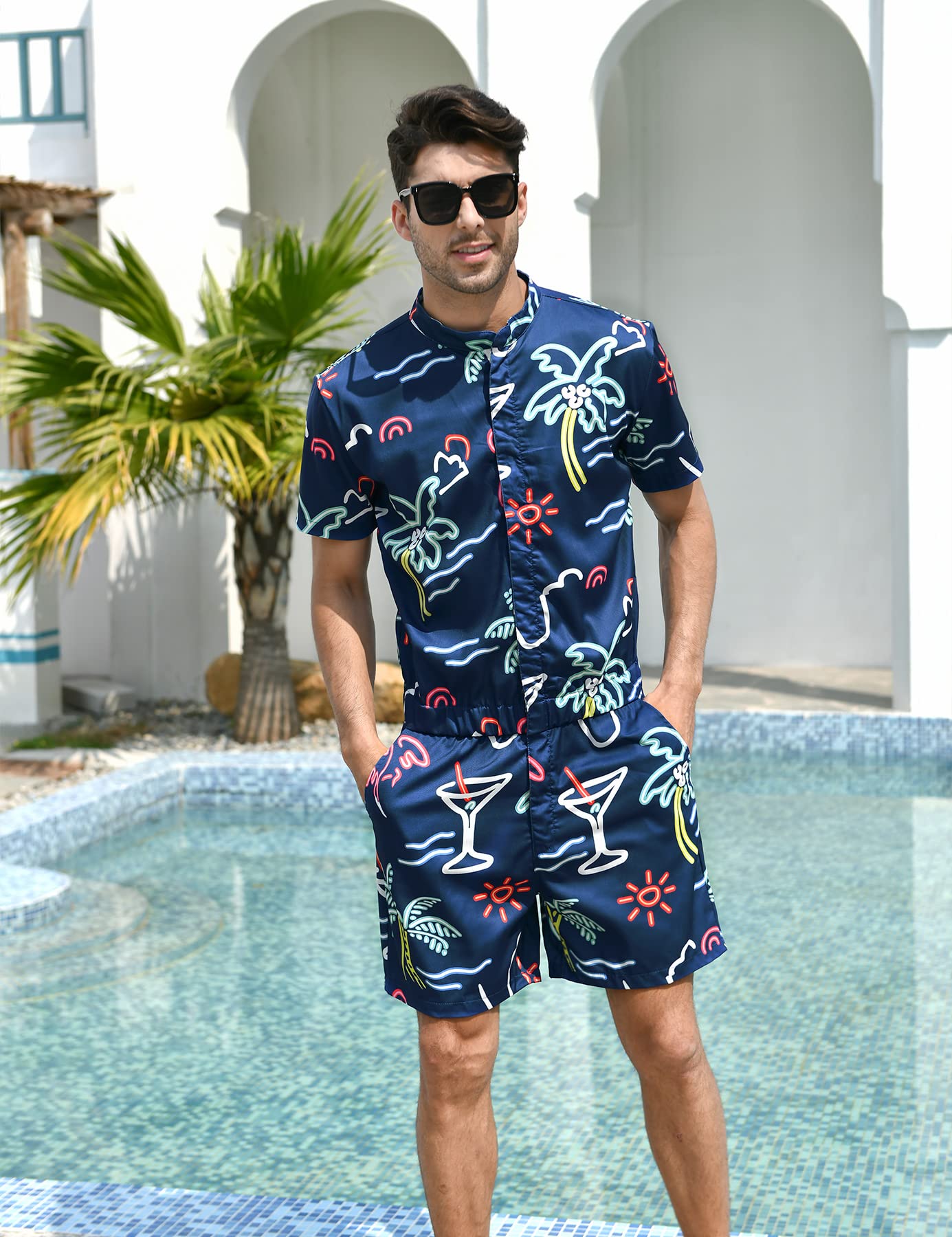 UNIFACO Mens Romper Hawaiian Outfits Coconut Tree Neon Print One Piece Zip Jumpsuit Rompers Navy Overall Party Shorts with Pocket L