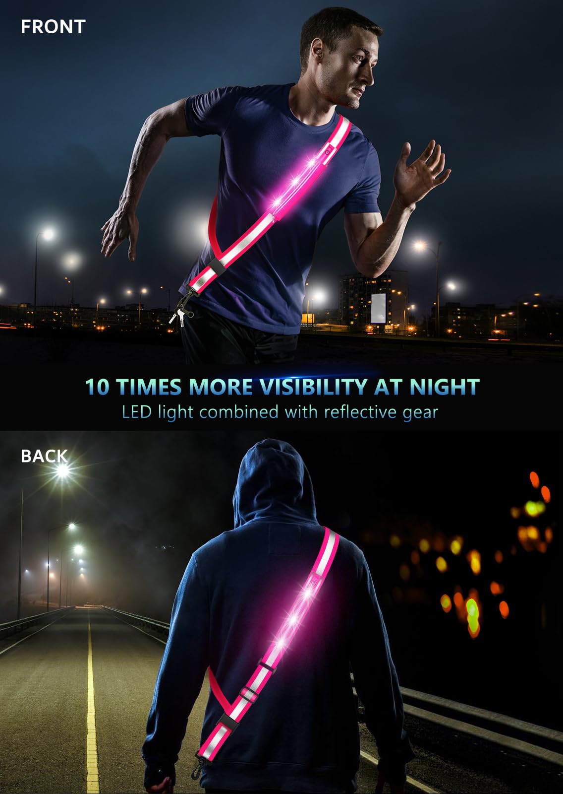 Fokia Kunbio LED Reflective Belt Sash for Walking at Night, Night Running Safety Gear High Visibility Rechargeable LED Light Up Running Belt for Runners Walkers Men Women(Pink)