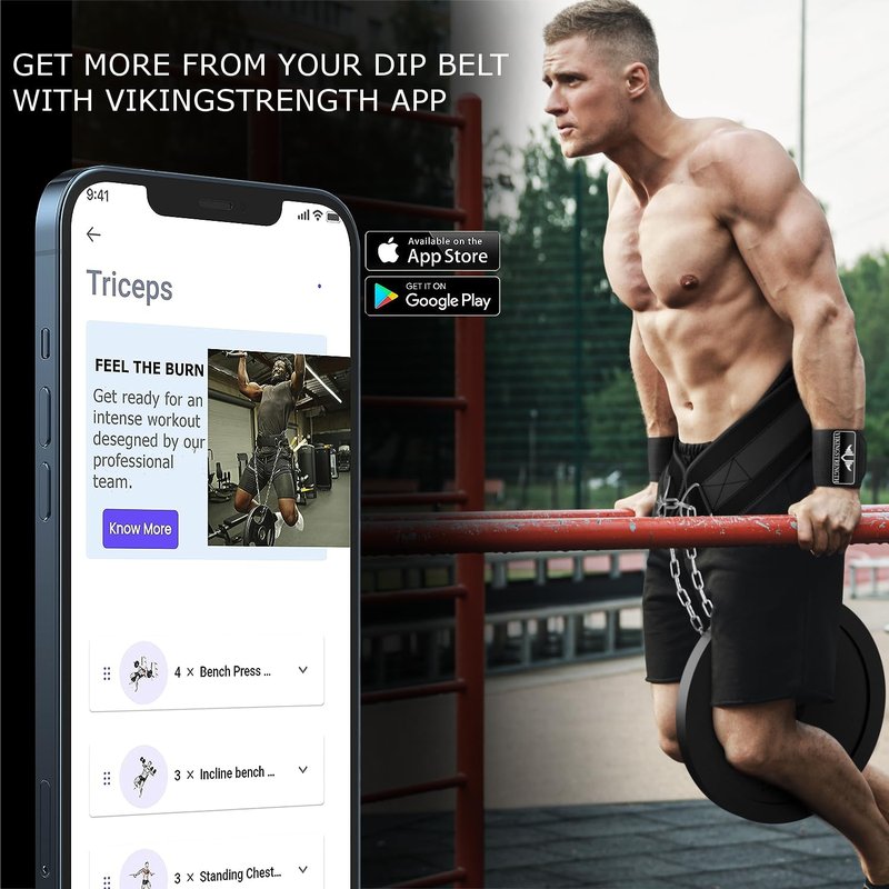 Vikingstrength Dip Belt for Weight Lifting Including Wrist Wraps. Premium Padded Dips Belt with Long Chain for Pullups Triceps Weighted belt for Workout Powerlifting + V-Strength Workout App