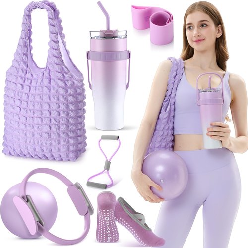 Poen 7 Pcs Pilates Essentials Kit for Women Home Workout Pilates Equipment Ring and Ball Set with 11.81 Inch Circle 9.84 Inch Yoga Ball Resistance Bands Cup Bag Socks for Beginners(Purple)