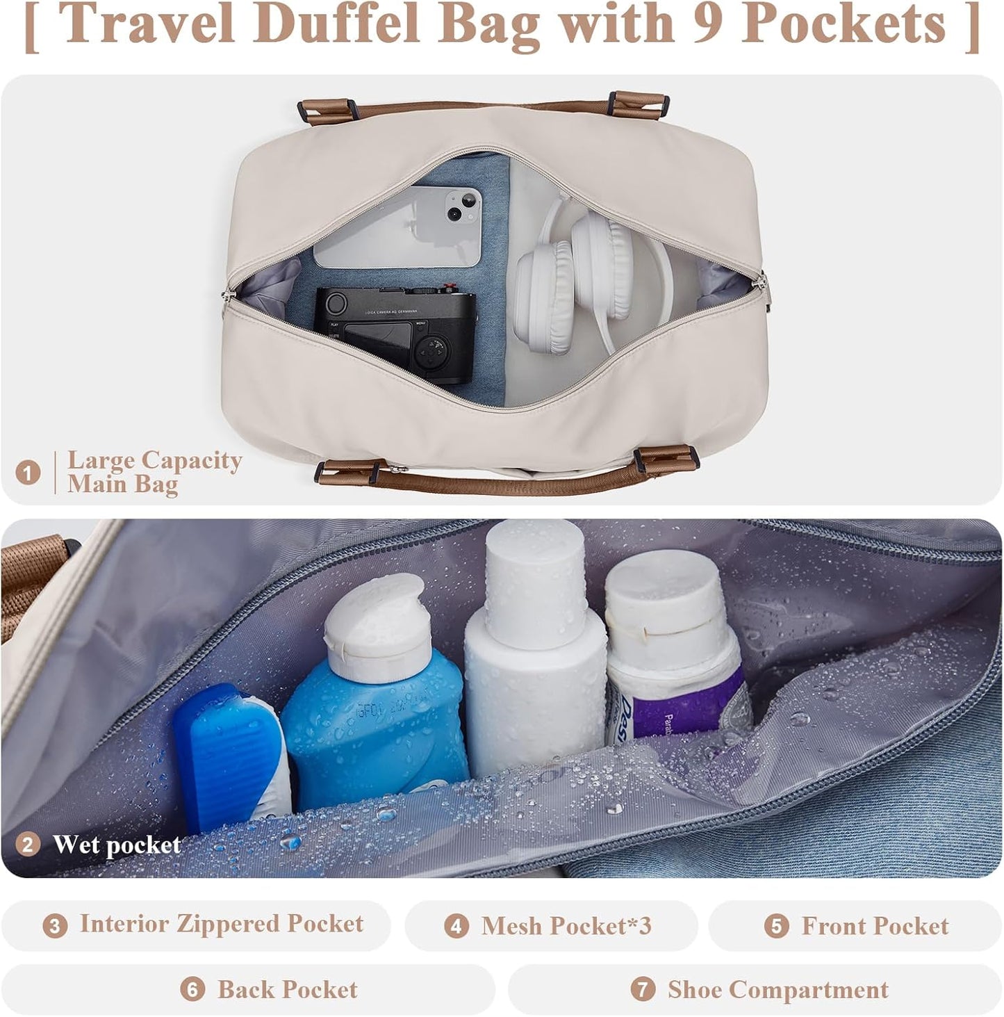 Skiennix Travel Duffel Bag - Shoes Compartment | Stylish Overnight Weekender for Women, 18x14x8