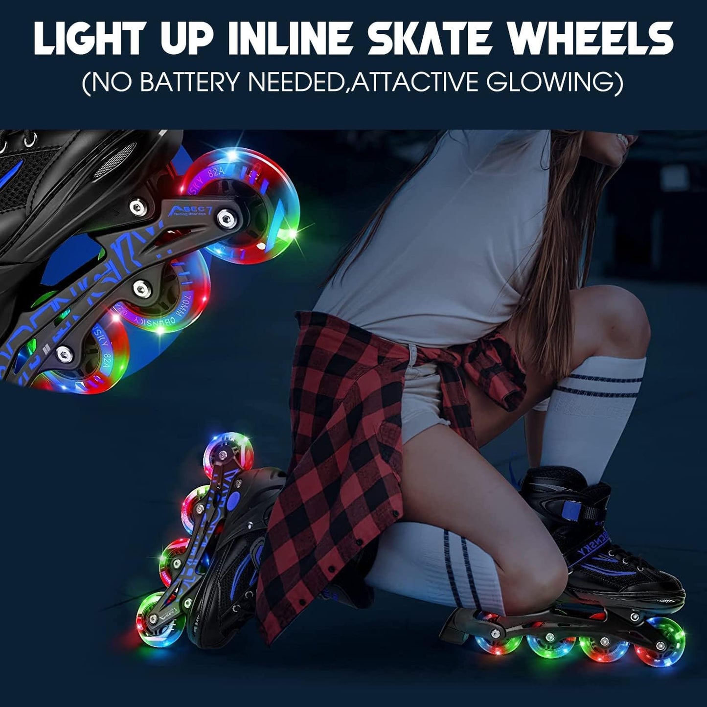 Light Up 80mm Inline Skate Wheels and Kick Scooter 80mm Rear Wheels Replacement Pair - 80mm Led Flashing Wheels Replacement for Inline Skate and Kick Scooter with Installed Abec9 (A Black/2pcs)