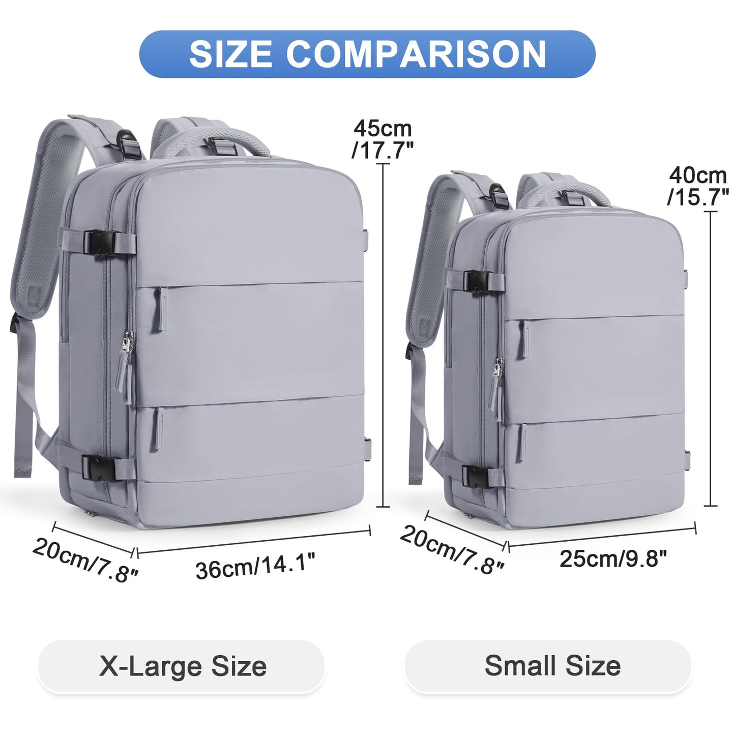 Grey Travel Backpack - Carry On Flight Approved Mochila De Viaje Personal Item - Large Backpack for Men & Women - 18x14x8 Inches