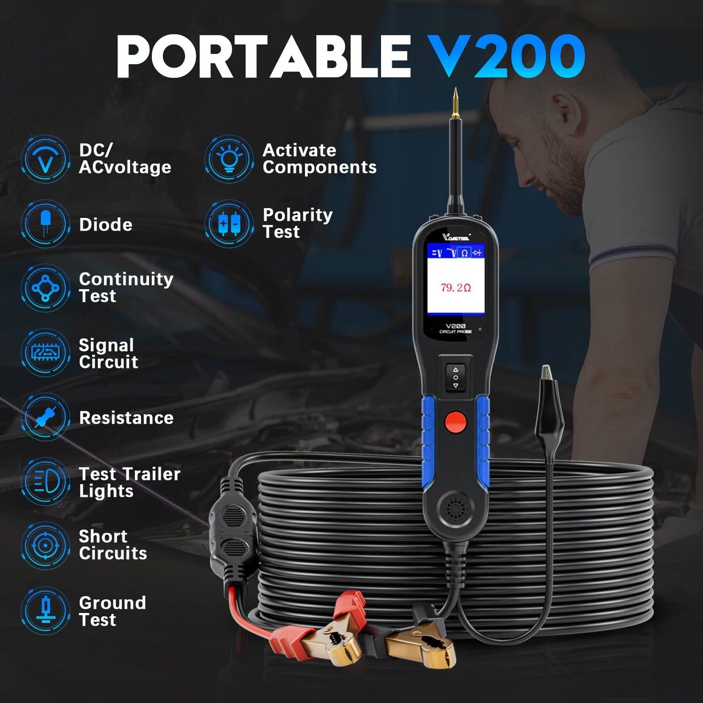 VDIAGTOOL V200 Automotive Circuit Tester, Electrical Power Circuit Probe Tester Kit, 12V 24V Short/Open Breaker Finder, Component AC DC Diode Resistance Relay Fuse Light Test, 20+20Ft