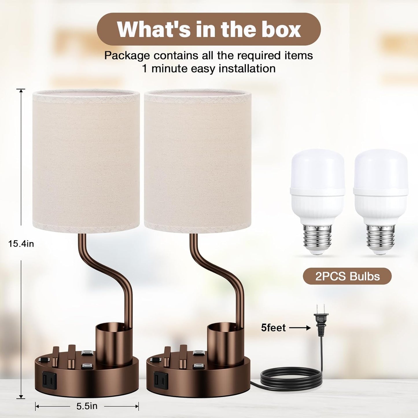 Set of 2 Bedside Table Lamps with USB & AC Outlet - 3 Color Temperatures, Desk Light & Phone Stand for Bedroom, Living Room, Office