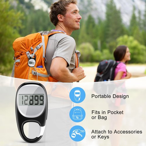 Simple Pedometer for Walking, Accurate Step Tracker with Carabiner, 3D Step Counter for Men Women Seniors - Black