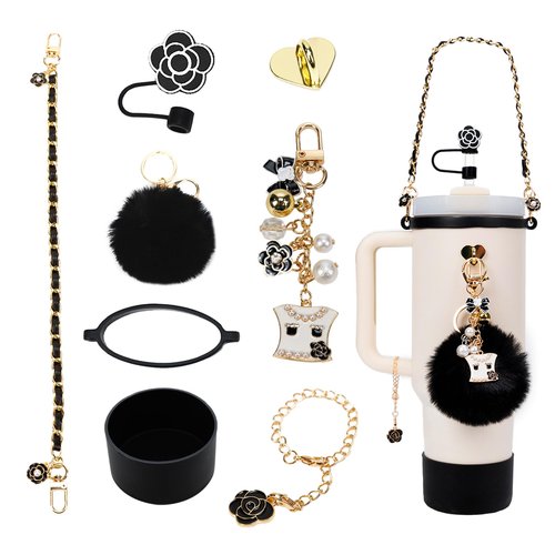 8PCS Elegant Black Set Compatible with Stanley Cup Accessories, Leather Handle Strap, Fashion Pearl Charms, Flower Straw Topper Cover, Silicone Stanley Cup Boot for 40oz 30oz Tumbler, Gifts for Girls