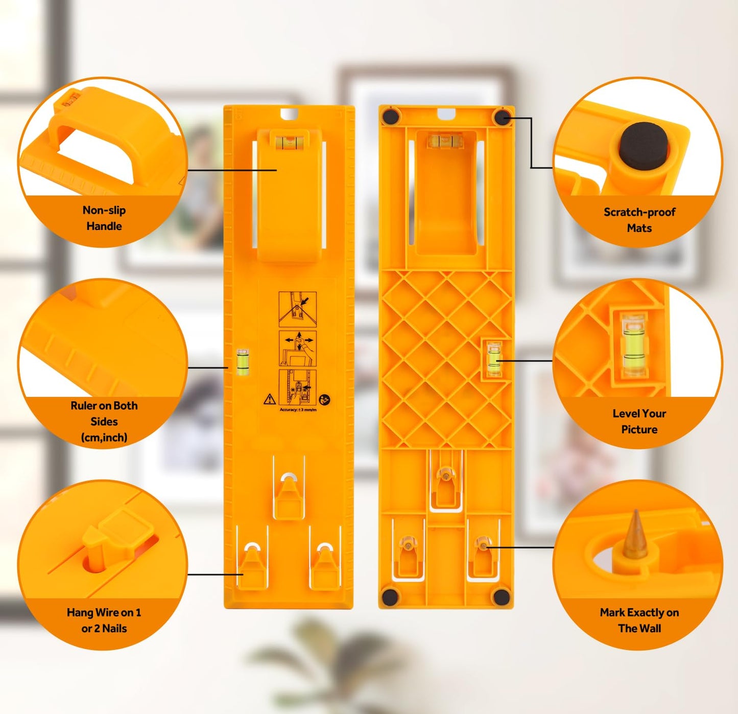 Picture Hanging Kit with Position Nail, Picture Hanging Tool with Level, Perfect Wall Picture Hanger for Frame, Art, Painting, Photo, Poster