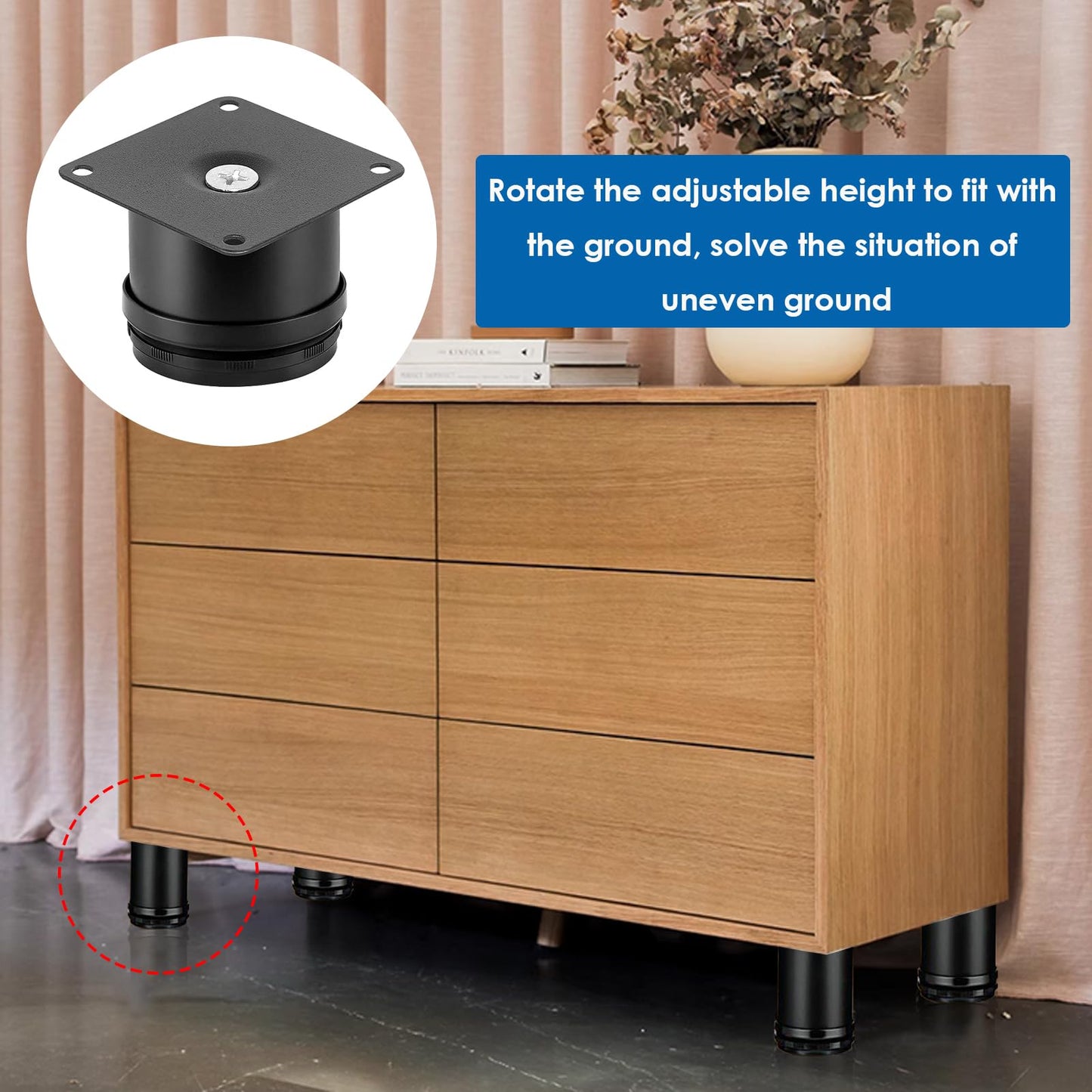 Eoppen 4-Pack 2 Inch Furniture Legs, Stainless Steel Adjustable Round Cabinet Legs with 16Pcs Screw for Cabinet Sofa Shelves Table DIY Furniture(Black 50x50mm)