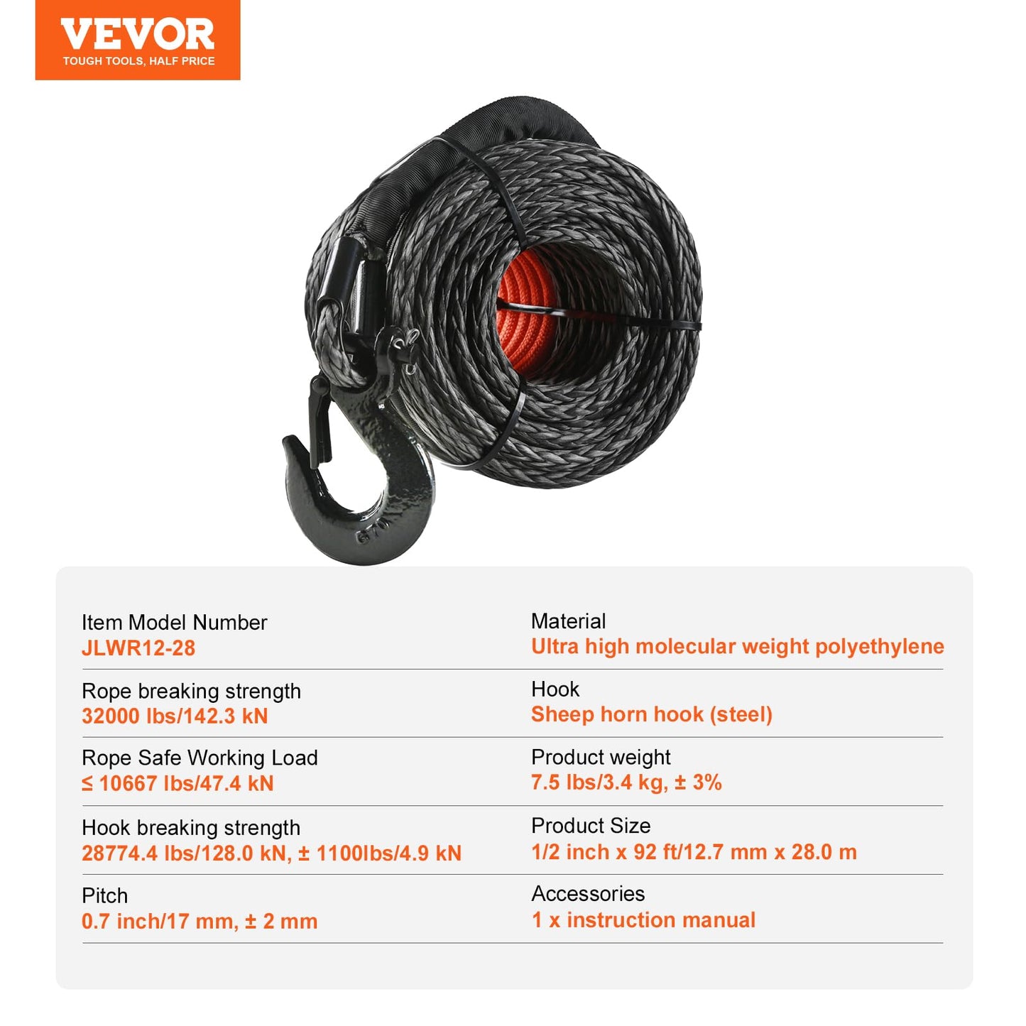 VEVOR Synthetic Winch Rope, 1/2 Inch x 92 Feet 32,000 lbs Synthetic Winch Line Cable Rope with Protective Sleeve + Forged Winch Hook + Pull Strap, Universal Fit for SUV, Large Off-Road Vehicle, Truck