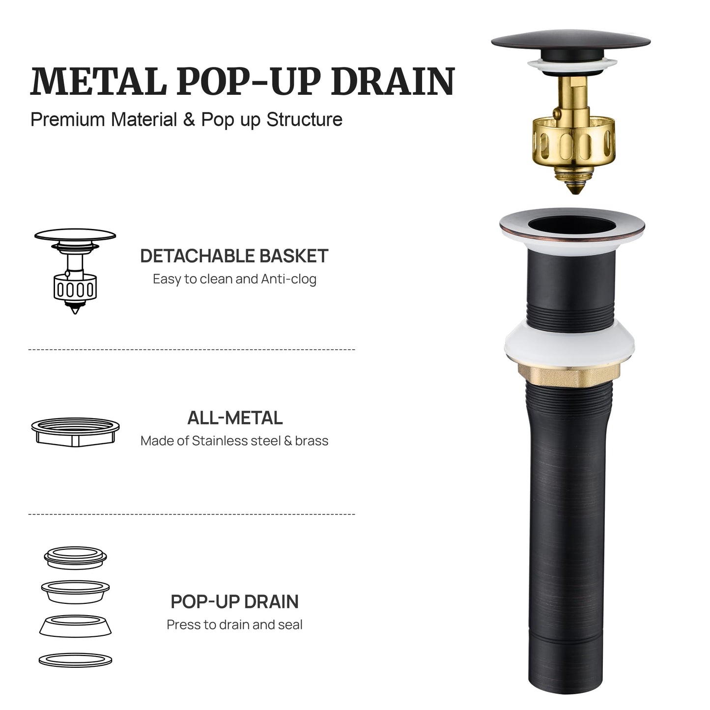 Pop up Sink Drain Stopper Without Overflow Oil Rubbed Bronze for Bathroom Vessel Vanity Sink Art Basin，Big Cap Sink Drain Without Overflow, Metal Pop-up Drain Strainer with Detachable Basket Stopper
