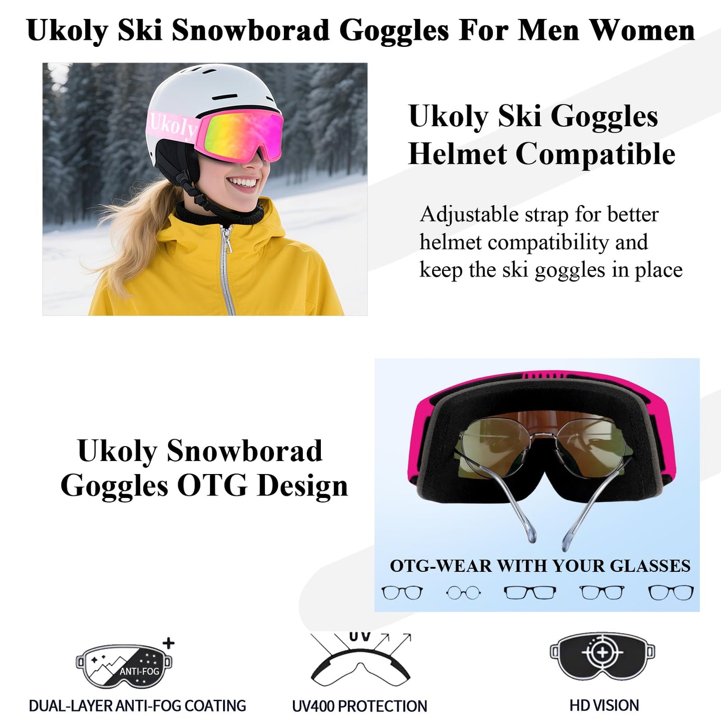 Ukoly Ski/Snowboard Goggles for Men Women, Snow Goggles HD Lens Anti-Fog Coating OTG Design UV400 Protection Windproof (Pink Frame Revo Pink HD Lens)
