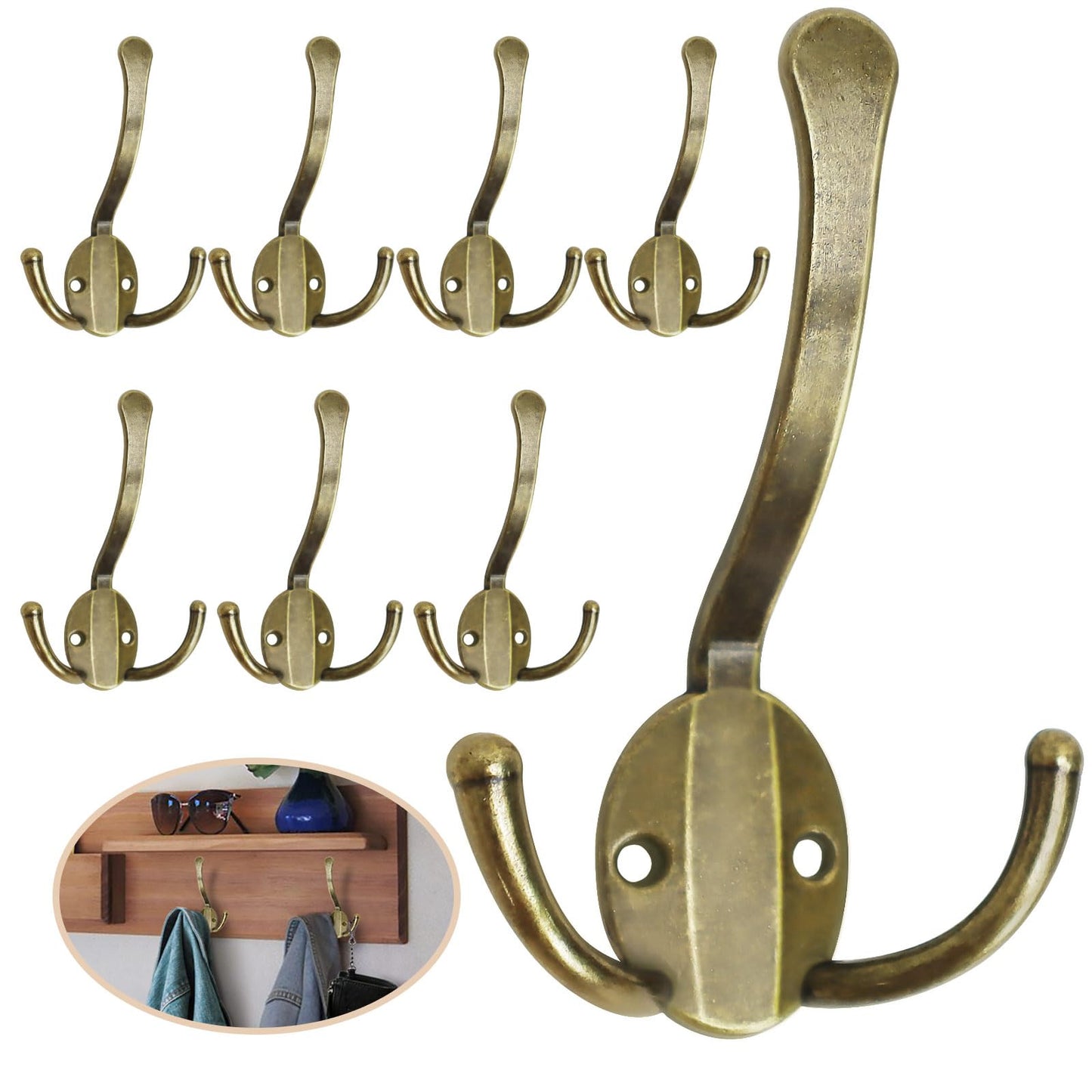Homanu 8 Pack Coat Hooks Heavy Duty, Metal Three Prongs Large Coat Hooks Wall Mounted with 16 Screws, No Rust Antique Brass Rustic Wall Hooks for Hanging Towel, Coat, Scarf, Bag, Hat, Cup, Key