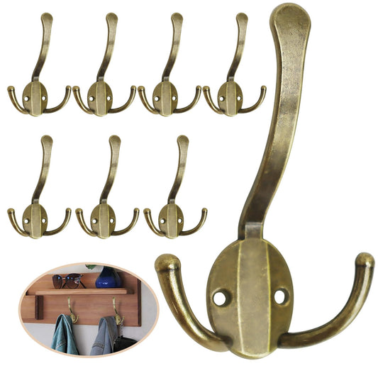Homanu 8 Pack Coat Hooks Heavy Duty, Metal Three Prongs Large Coat Hooks Wall Mounted with 16 Screws, No Rust Antique Brass Rustic Wall Hooks for Hanging Towel, Coat, Scarf, Bag, Hat, Cup, Key