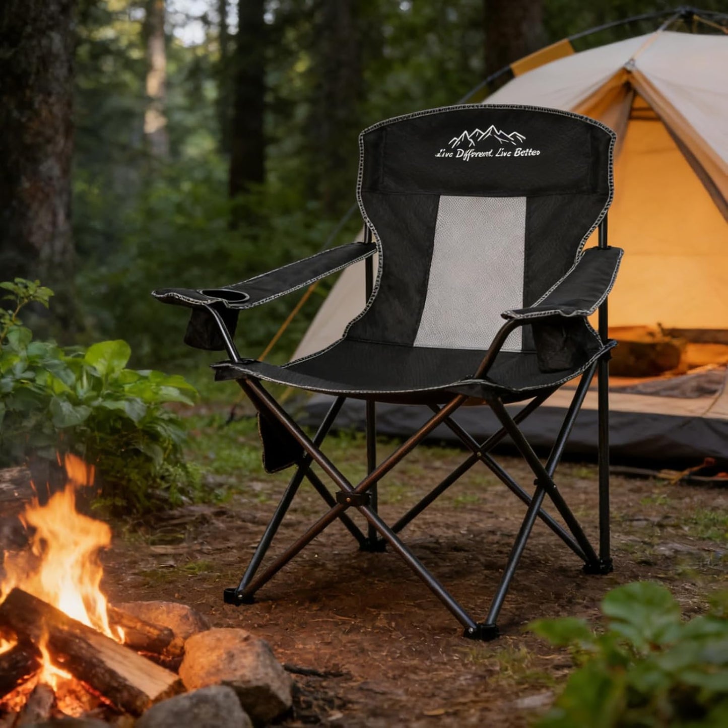 Skiennix Outdoor Folding Camping Chair - Breathable Mesh, 400lbs Capacity, Includes Cup Holder & Storage Bag | Black
