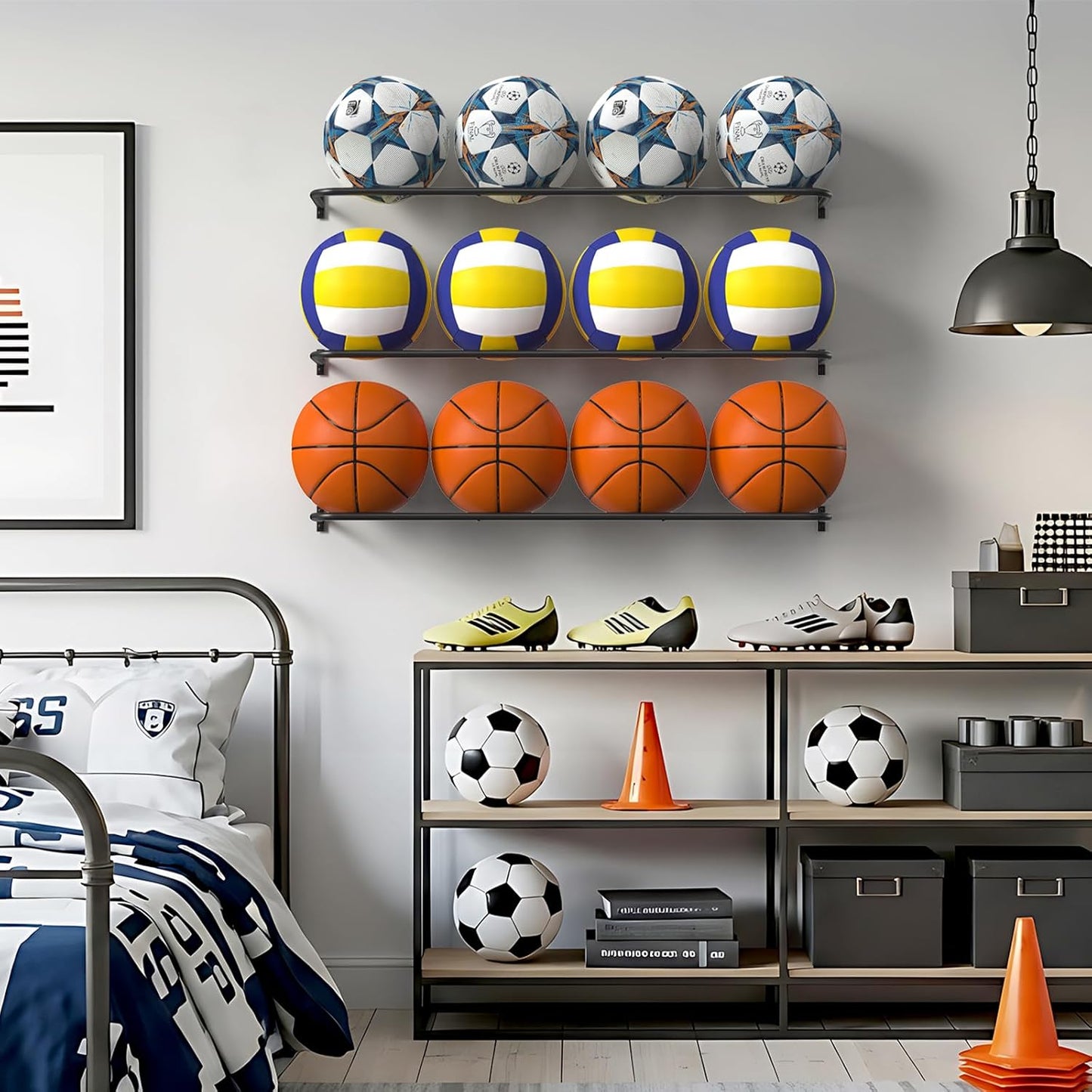 Wall Mount Ball Rack - Skiennix Garage Sports Equipment Organizer | 12-Ball Capacity, 3 Shelves