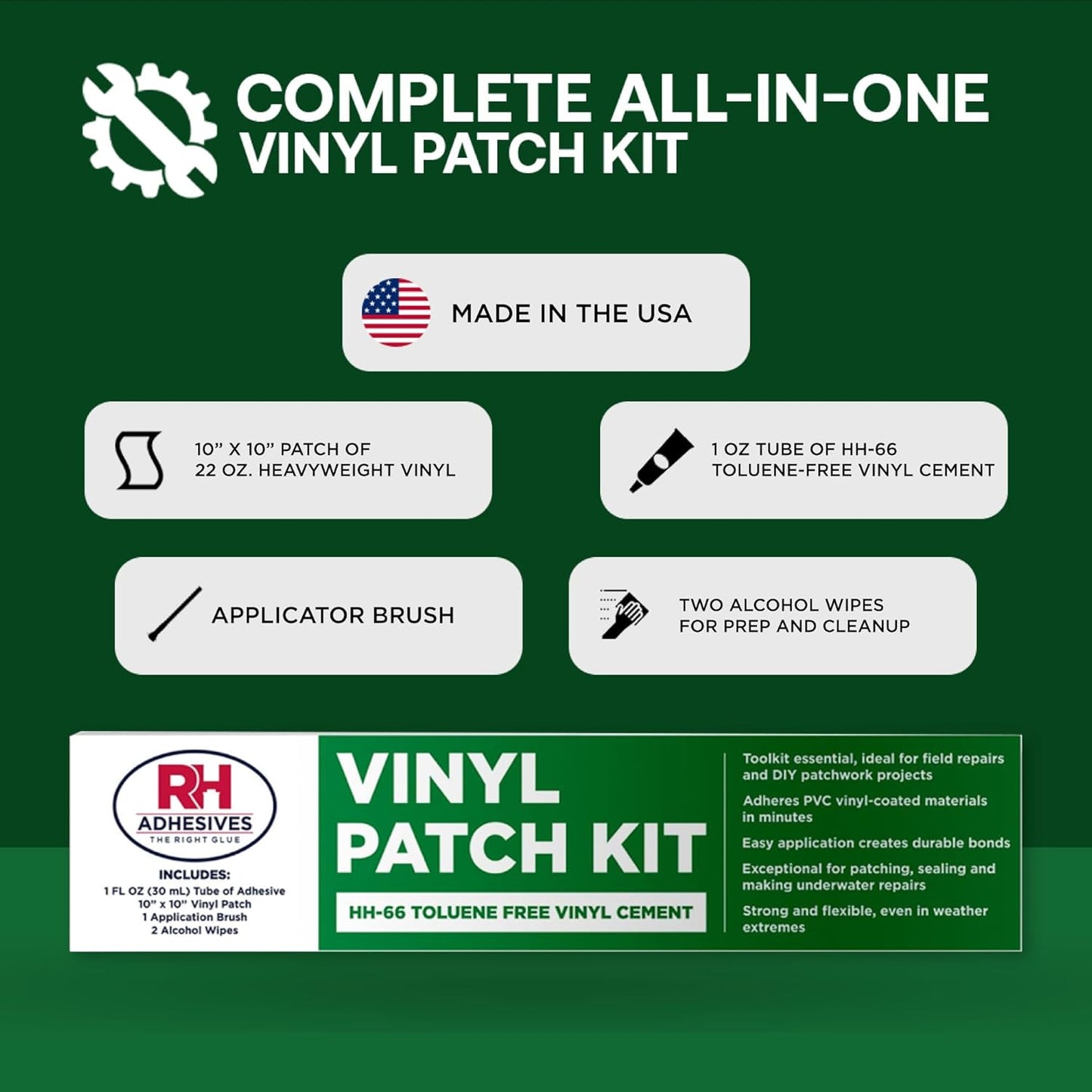 RH Adhesives Vinyl Patch Kit - 10" x 10" Reinforced Flexible PVC with HH-66 TF Vinyl Cement & Brush