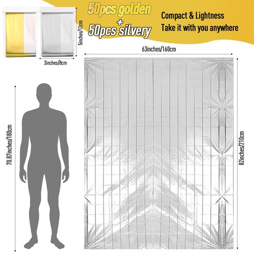 Kanayu 100 Pack Emergency Foil Thermal Blankets for Survival 82 x 63 Foil Space Blanket Kit for Outdoors Camping Hiking Homeless Survival or First Aid, 50 Pcs Golden 50 Pcs Silver