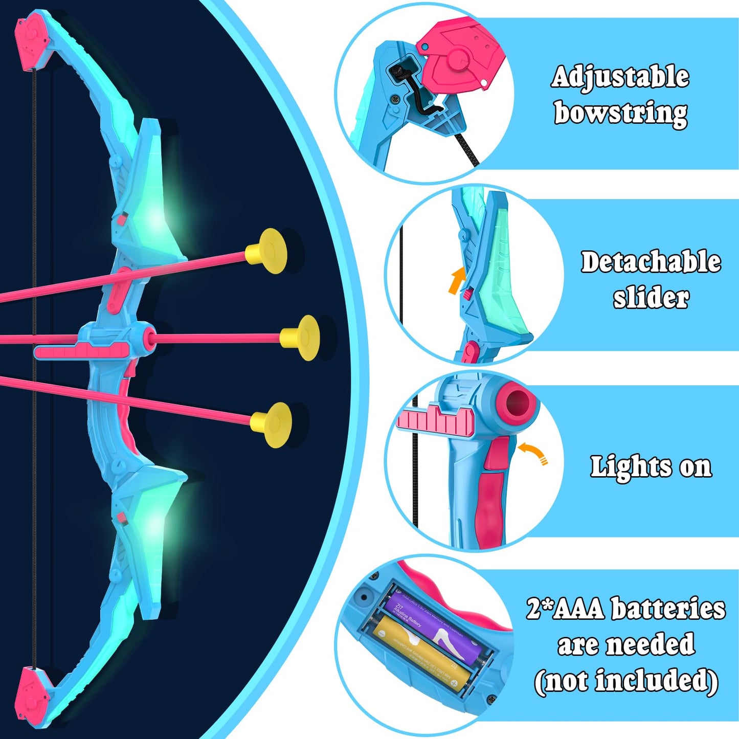 Polkoliye 2 Pack of Kids Bow & Arrow Set, Light Up Archery Toy Set with 14 Suction Cup Arrows Standing Target, Perfect Indoor Outdoor Toys Birthday Gifts Ideas for Boys Girls, Medium