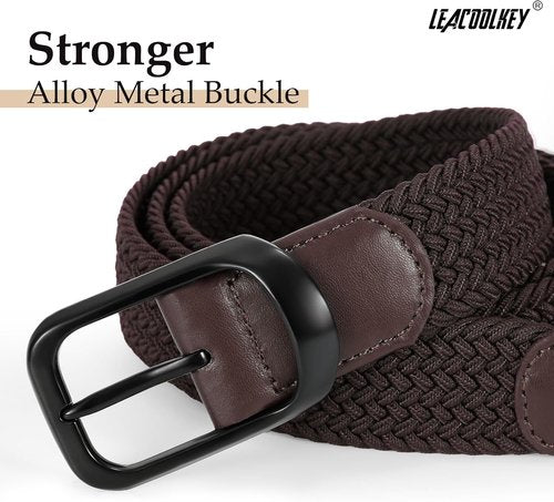 LEACOOLKEY Stretch Belts for Men - Elastic Woven Braided Design | 2 Pack Casual Golf Belts for Jeans