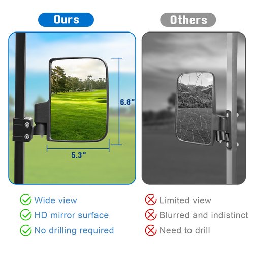Golf Cart Side Mirrors, No Drilling for EZGO Club Car Yamaha Golf Cart and Others, Fit 3/4, 1.0 and 1 1/4-inch Square Strut, Folding Side Rear View Mirrors Adjustable 180 Degree HD Glass