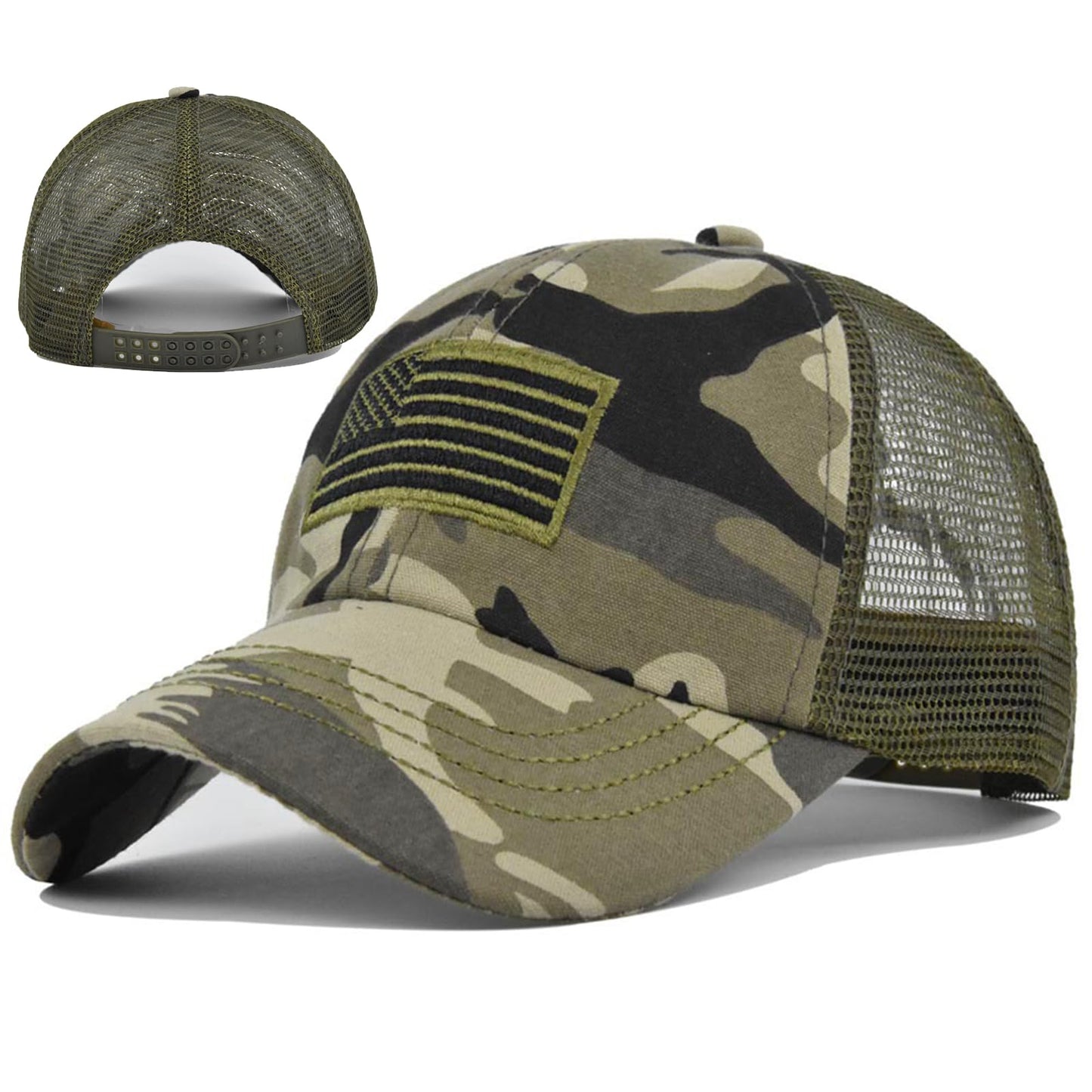 Camouflage Baseball Cap Camo American Flag Trucker Hat for Men Women Mesh Camo Hat USA Flag Camouflage Hats for Men Embroidered Distressed Cowboy Baseball Dad 4th July Hunting Accessories