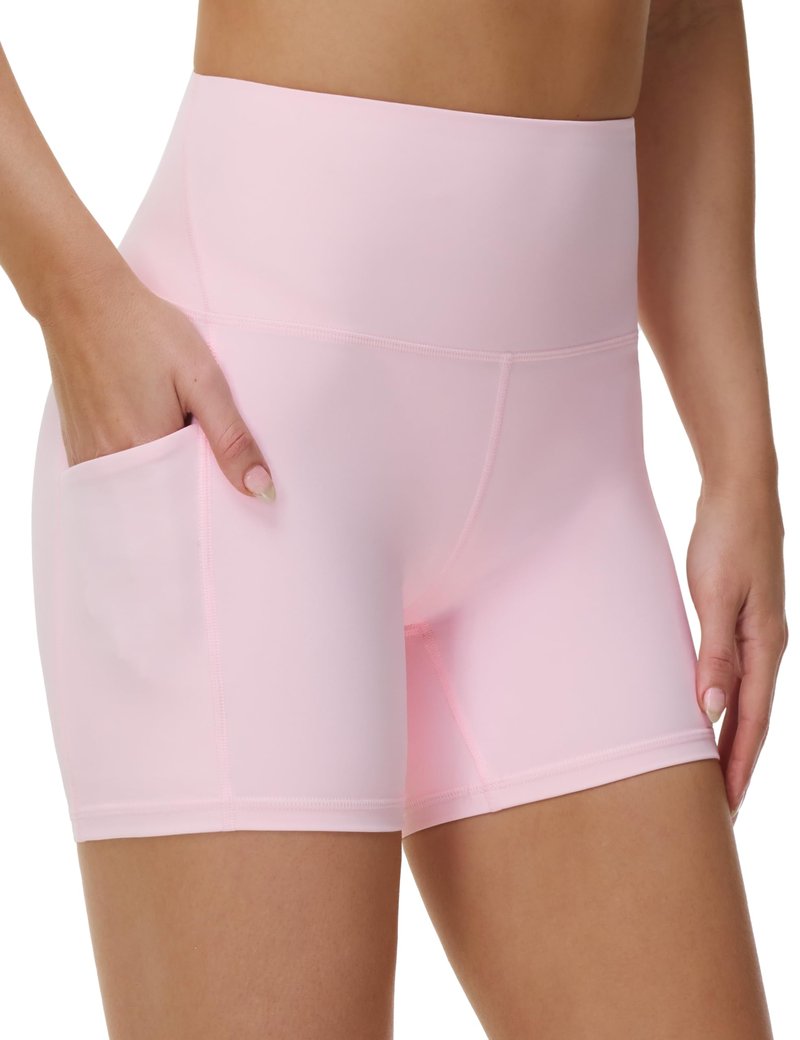 THE GYM PEOPLE Women's High Waist Workout Shorts Stretchy Tummy Control Yoga Biker Running Shorts with Pockets Light Pink