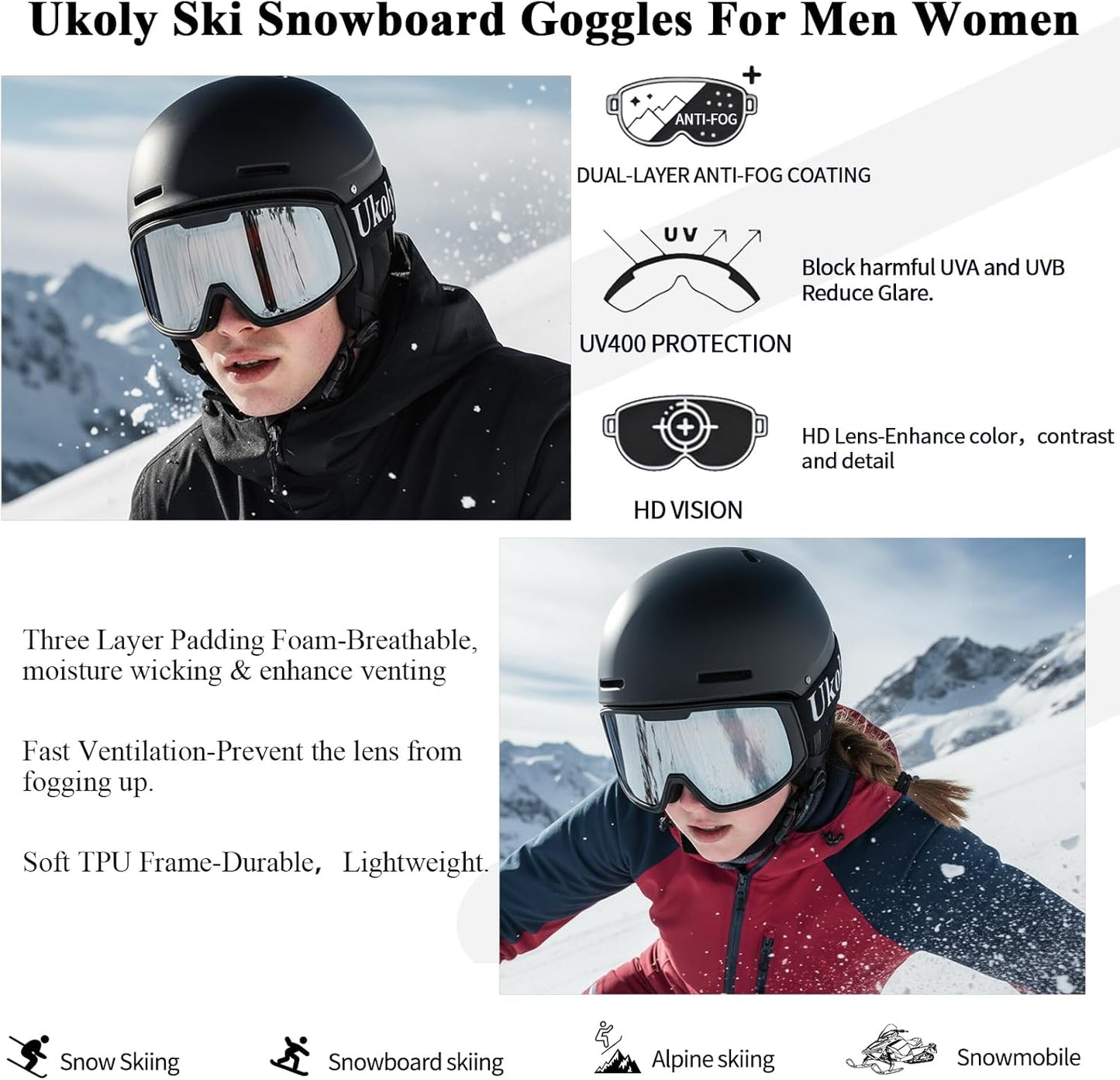 Ukoly Ski & Snowboard Goggles - HD Lens, Anti-Fog Coating, UV400 Protection | Unisex Design