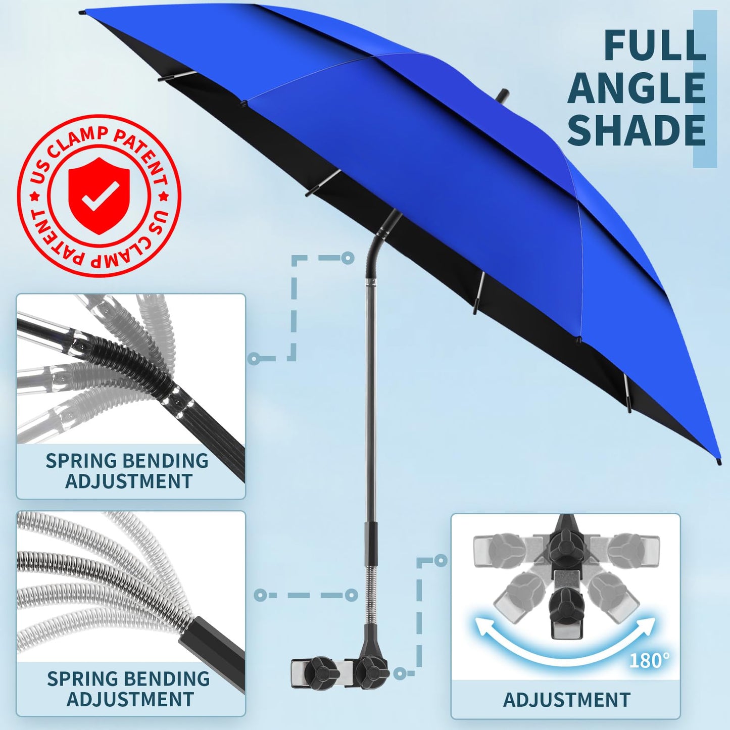 NBtoUS 2 Pack 48.6" Double Canopy Beach Umbrella with Clamp, UPF50+ Beach Chair Umbrella with clip, 360°Adjustable Portable Outdoor Wheelchair, Patio, Golf Carts,Camping(Not Include Chair)